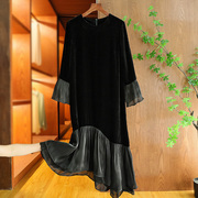 高级感黑色真丝绒连衣裙时尚复古喇叭袖不对称荷叶边裙摆金丝绒裙