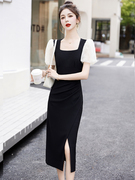 法式时尚修身显瘦欧根纱泡泡袖拼接黑色连衣裙2024裙子女夏季