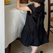 2024夏季韩版女童连衣裙黑色蝴蝶结，无袖背心裙，荷叶边裙公主子