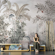 欧式复古壁纸手绘中世纪热带雨林，壁画沙发背景墙布，芭蕉叶餐厅墙纸