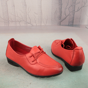 红色牛皮真皮圆头系带中跟轻便舒适女鞋子妈妈鞋简约单鞋D74-2