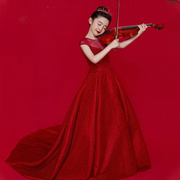 儿童礼服高端红色，拖地走秀长裙小主持人钢琴，小提琴表演演出连衣裙
