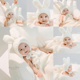 宝宝拍照道具婴儿兔耳朵帽子秋冬毛线手工编织保暖帽百天照服装