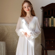 法式宫廷风睡裙女莫代尔 带胸垫深V白色长款睡衣仙甜美公主家居服