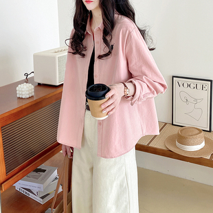 粉色衬衫女上衣，2024年春宽松通勤韩系刺绣，纯色棉质加厚长袖
