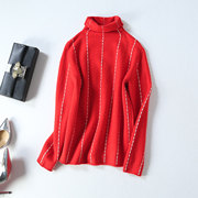 2021秋冬女装羊毛打底衫欧美时尚红色长袖修身高领毛衣女