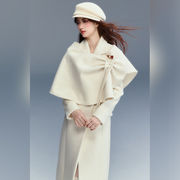 米白色毛呢大衣+气质设计感披肩两件套女冬季法式高级感套装~