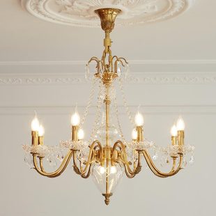 法式简约全铜水晶吊灯美式欧式中古灯具复古别墅客厅卧室餐厅灯饰