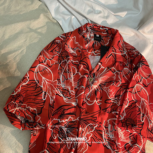 橘红花卉短袖花，衬衫古巴领vintage80年日系，夏威夷男女港风