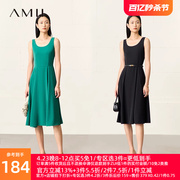 amii2024夏圆领(夏圆领，)无袖收腰连衣裙女小黑裙，小个子裙子显瘦a字裙