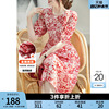 红色印花连衣裙女2024夏季短袖圆领优雅气质，收腰裙子女夏季
