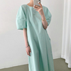 韩国chic极简主义温柔薄荷，绿显肤圆领，宽松休闲泡泡袖连衣裙长裙