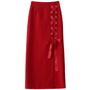 达奕创原创设计系绳蝴蝶结，开衩包臀裙时尚都市，长裙绑带红色半身裙