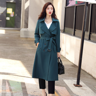 绿色风衣女中长款过膝2023年韩版气质英伦，风春季垂感外套大衣