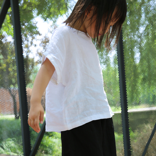 儿童亚麻半袖衫 100%亚麻夏季连袖T恤幼儿园男童女童纯色水洗透气