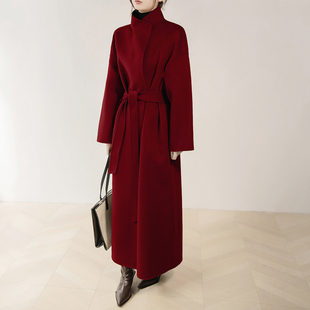 新年战袍红色超长款立领双面，呢大衣女高级感大牌，直筒羊毛呢外套冬