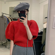 韩国东大门2023秋冬纯色复古套头，圆领泡泡短袖，红色针织毛衣女(毛衣女)