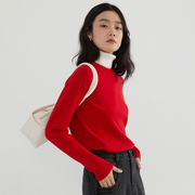 StudioFun高领假两件羊毛针织衫女春秋高级感设计感红色毛衣上衣