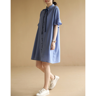 天然出品浅蓝色衬衫短袖连衣裙女夏季直筒宽松雪纺格纹中裙QA5133