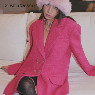 masionwester秋冬女装玫红色羊毛，小香风宽松版双排扣西服外套