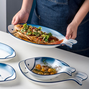 日式陶瓷蒸鱼盘椭圆形家用创意鱼形，盘套装个性大号商用餐厅菜盘子