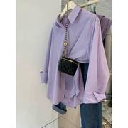 紫色棉麻衬衫女秋季法式高级感欧货气质防晒衬衫外套上衣纯棉