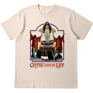 咖啡给了我生命 美式复古vintage短袖男女情侣T恤纯棉teeshirt