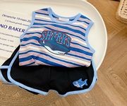 儿童套装2023夏季条纹鲨鱼背心无袖T恤男童清凉宝宝两件套潮