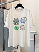 外贸出口日本品牌尾货 趣味猫咪印花短袖T恤女纯棉半袖上衣潮