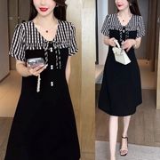 2025夏季新款时尚假两件显瘦短袖连衣裙女大码条纹拼接中长款裙子