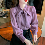 秋装2024年时尚雪纺职业衬衫女长袖飘带紫色衬衣气质早秋上衣