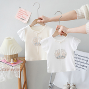 童装女童蕾丝短袖t恤夏装，婴儿莫代尔上衣，儿童女宝宝中国风打底衫