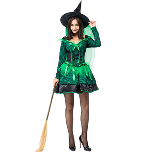 万圣节女巫cosplay蕾丝蓬蓬短裙可爱小魔女扮演服绿色连衣裙帽子