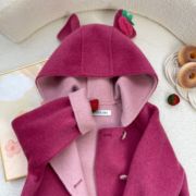 草莓熊双面(熊双面)羊毛大衣，儿童可爱卡通连帽，毛呢女童中长款玫粉色外套