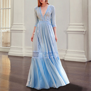 欧美法式蓝色蕾丝连衣裙女收腰小性感V领仙女裙重工短袖长裙女装