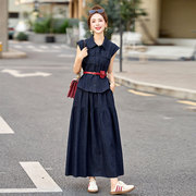 牛仔马甲气质套装裙两件套气质韩版高级感连衣裙女夏季薄款长裙子