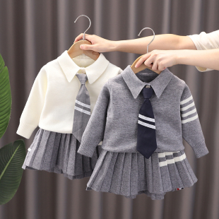 女童毛衣套装2022秋冬女宝宝学院风，针织两件套小童网红套装裙