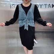 5098秋季加肥加大显瘦胖MM大码女中长款牛仔拼接假两件连衣裙