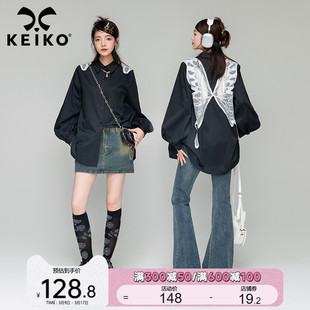 keiko刺绣蝴蝶花黑色长袖衬衫女2024春季设计感小众韩版宽松上衣
