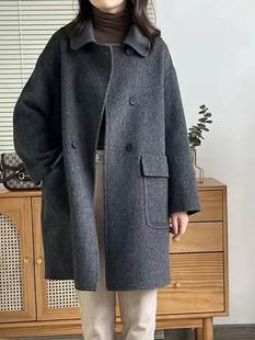 双面羊绒大衣女秋冬2023年新款高端中长款双排扣深灰色羊毛呢外套