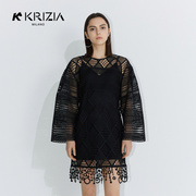 K KRIZIA 2023黑色摩登蕾丝镂空棋盘格性感连衣裙