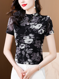 韩版大码短袖t恤女半高领，打底衫时髦花色，网纱上衣漂亮洋气小衫潮
