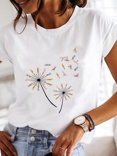 Dandelion Dragonfly Print T-shirt创意蒲公英蜻蜓印花女休闲T恤