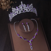 浪漫紫色系列，高端大气新娘套链女王水钻项链，耳环三件套饰品