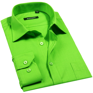 男士长袖绿色衬衣时尚大码男装纯绿色秋林墨同款青少年果绿男衬衫