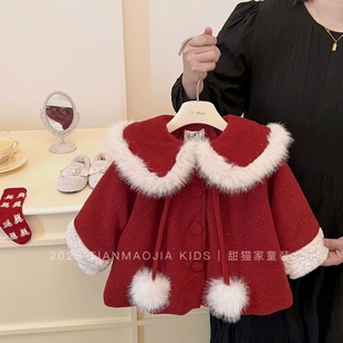 韩版新年服2024冬女童，洋气毛毛领夹棉加厚红色小棉衣加厚新年棉衣