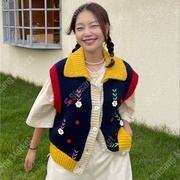 韩国女装2023年秋季可爱彩色花朵含羊毛针织马夹马甲背心