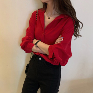 红色上衣春日衬衫，2024年女装韩版衬衣显瘦本命年长袖洋气小衫