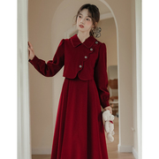 大红色连衣裙秋冬裙子女法式别致设计感气质敬酒服小个子新年衣服