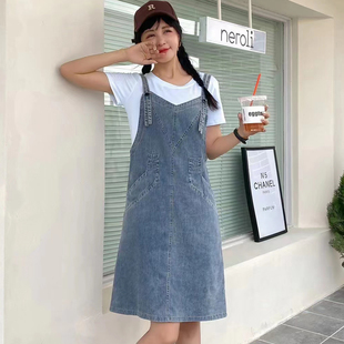 2025新款女装短袖连衣裙假两件套洗水牛仔拼接牛仔裙子小个子显高